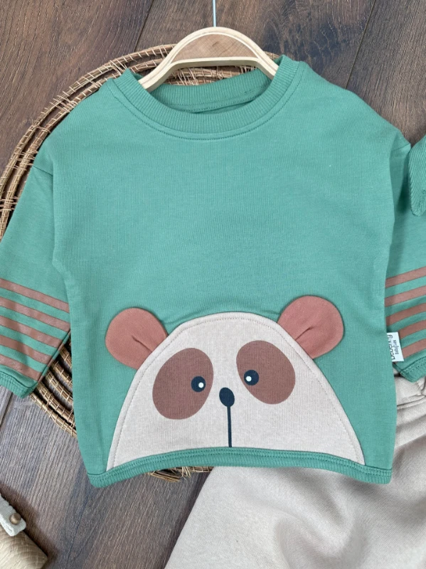Ayıcık Baskılı Şeritli Kol Detaylı Kulaklı Bere Oversize 3lü Erkek Bebek Takım