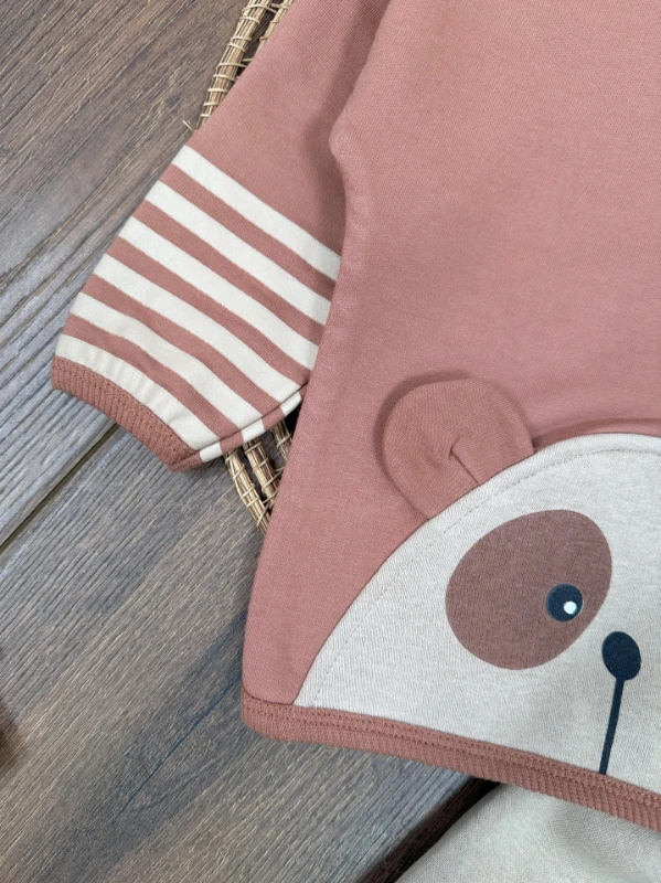 Ayıcık Baskılı Şeritli Kol Detaylı Kulaklı Bere Oversize 3lü Erkek Bebek Takım