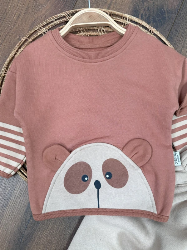 Ayıcık Baskılı Şeritli Kol Detaylı Kulaklı Bere Oversize 3lü Erkek Bebek Takım