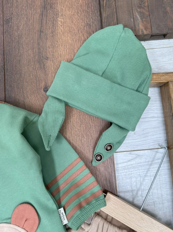Ayıcık Baskılı Şeritli Kol Detaylı Kulaklı Bere Oversize 3lü Erkek Bebek Takım