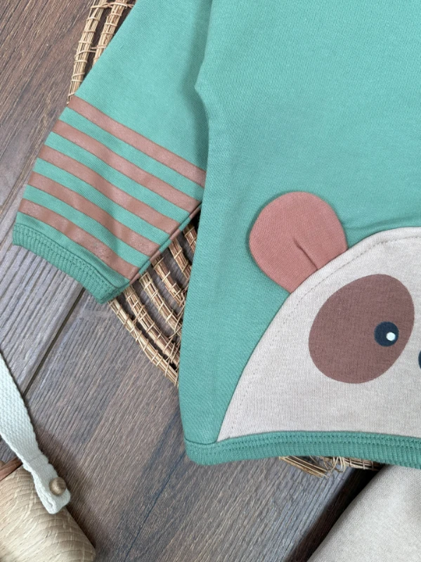 Ayıcık Baskılı Şeritli Kol Detaylı Kulaklı Bere Oversize 3lü Erkek Bebek Takım