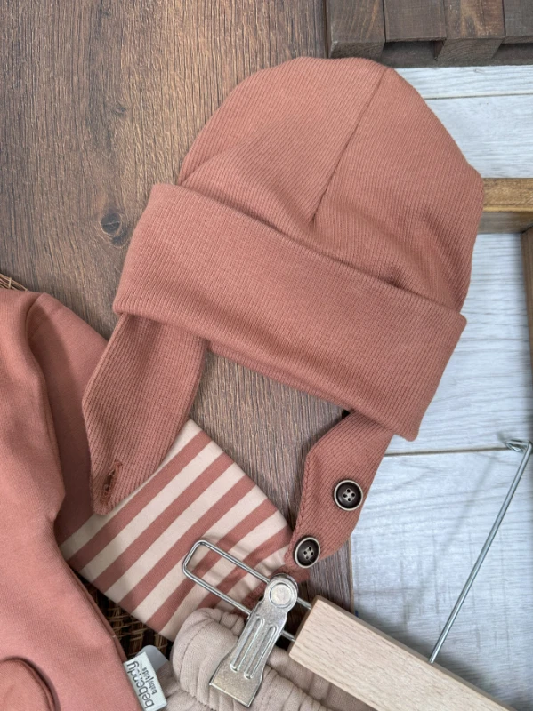 Ayıcık Baskılı Şeritli Kol Detaylı Kulaklı Bere Oversize 3lü Erkek Bebek Takım