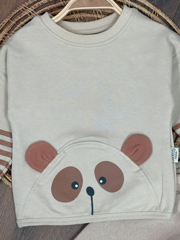 Ayıcık Baskılı Şeritli Kol Detaylı Kulaklı Bere Oversize 3lü Erkek Bebek Takım