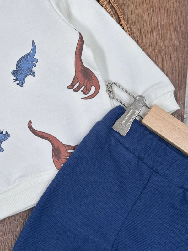 Dinozor Baskılı Omuzdan Çıtçıtlı Erkek Bebek Takım