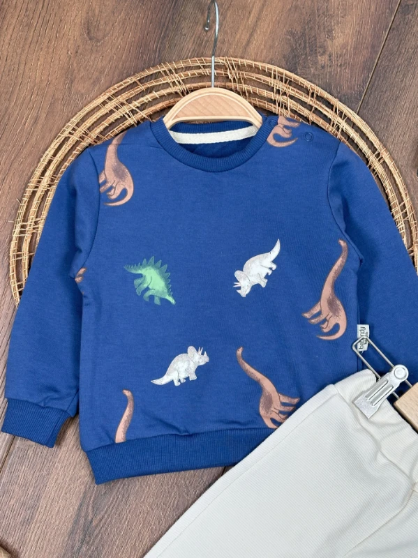 Dinozor Baskılı Omuzdan Çıtçıtlı Erkek Bebek Takım