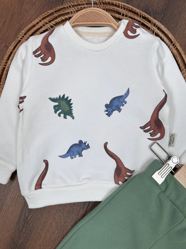 Dinozor Baskılı Omuzdan Çıtçıtlı Erkek Bebek Takım