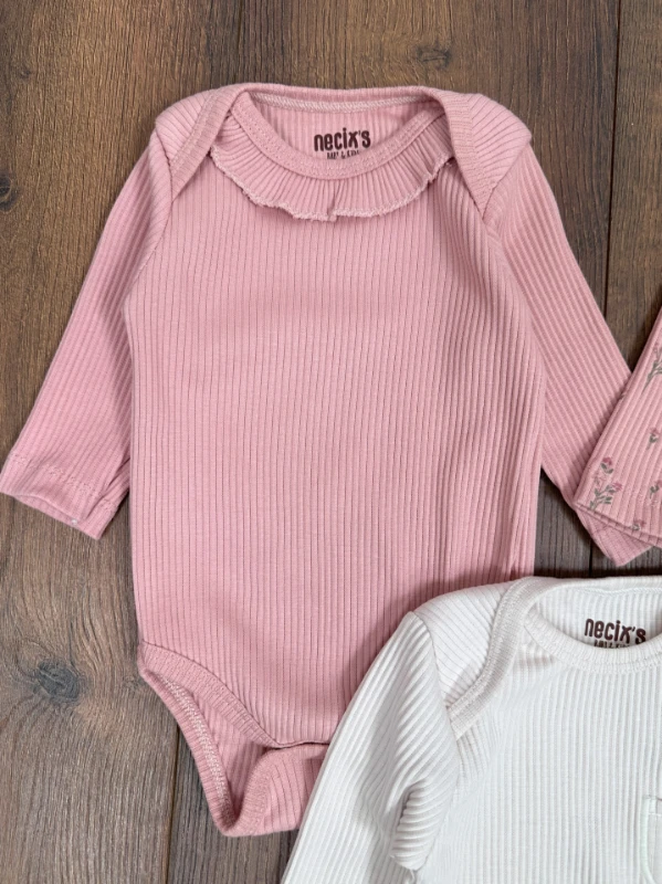 Yenidoğan Organik Pamuk Kız Bebek 3lü Zıbın Çıtçıtlı Badi Set