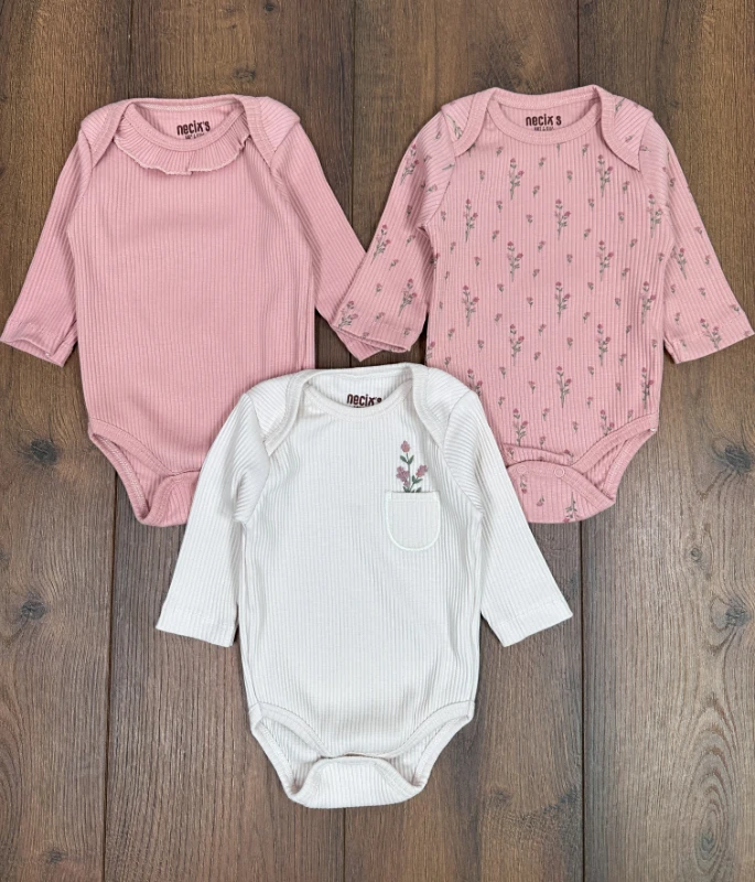 Yenidoğan Organik Pamuk Kız Bebek 3lü Zıbın Çıtçıtlı Badi Set