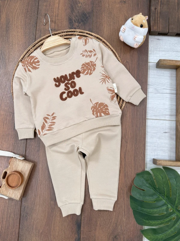 Erkek Bebek Takım Hawwai Desen Cool İşlemeli Omuzdan Çıtçıtlı Bebek Takım