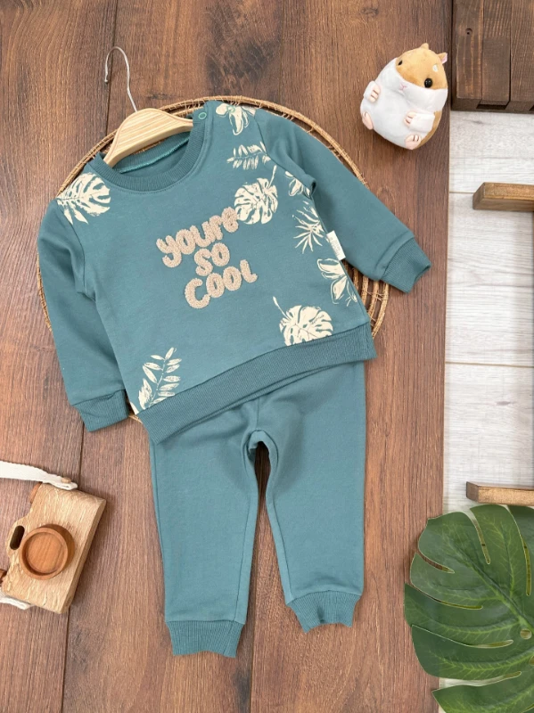 Erkek Bebek Takım Hawwai Desen Cool İşlemeli Omuzdan Çıtçıtlı Bebek Takım