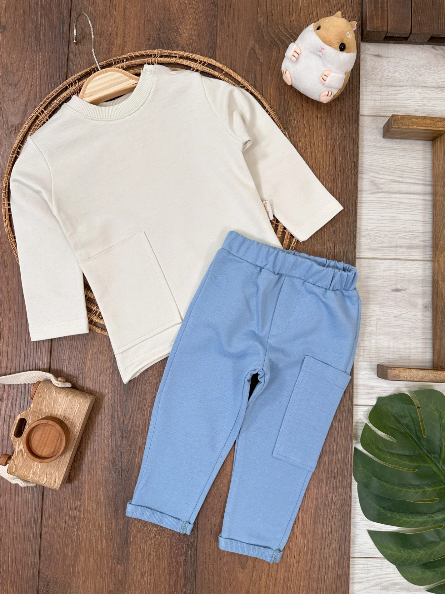 Cep Detaylı Omuzdan Çıtçıtlı Erkek Bebek Takım - MAVİ