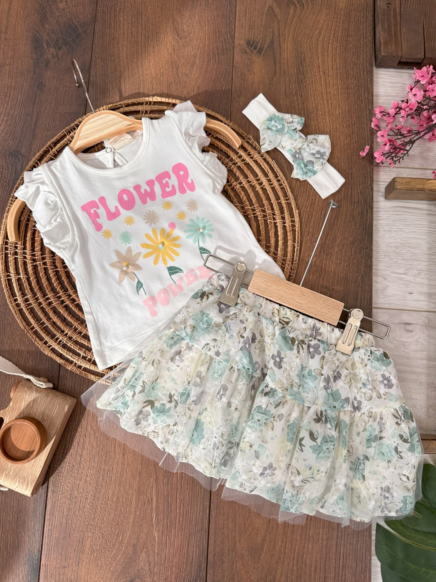 Şifon Etek Astarlı Bandanalı Yazlık Kız Bebek/Çocuk Takım - TURKUAZ