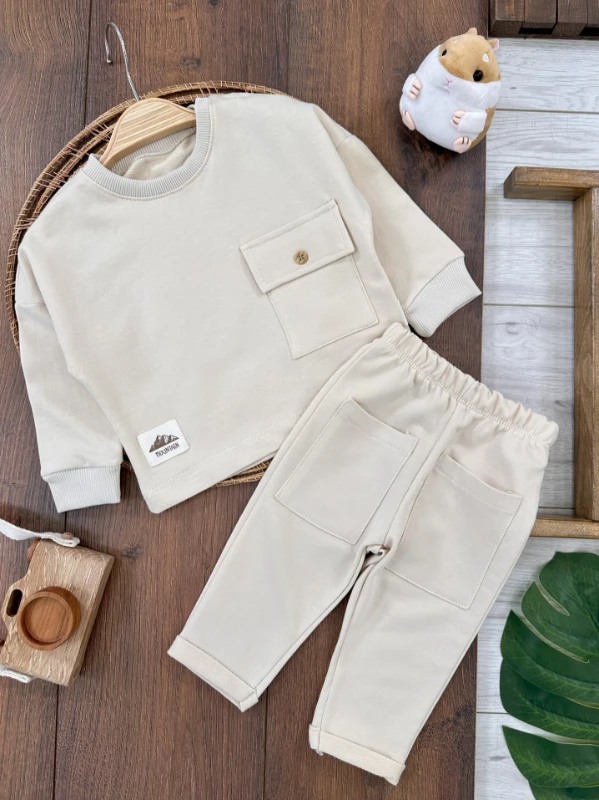 Erkek Bebek Takım Oversize Cep Detaylı Omuzdan Çıtçıtlı Bebek/Çocuk Takım