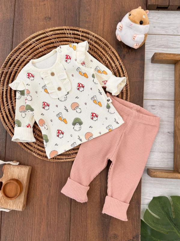 Kız Bebek Takım  Kaşkorse Mantar Desenli Omuz Fırfır Detaylı Bebek Takım