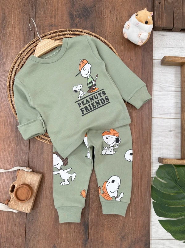 Erkek Bebek Pijama Takımı Sevimli Köpek Desenli %100 Pamuk Yumuşak Doku Mevsimlik Pijama Takımı