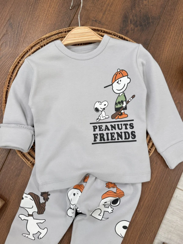 Erkek Bebek Pijama Takımı Sevimli Köpek Desenli %100 Pamuk Yumuşak Doku Mevsimlik Pijama Takımı