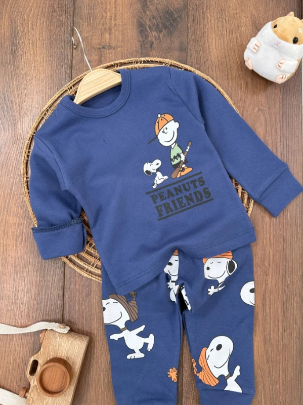 Erkek Bebek Pijama Takımı Sevimli Köpek Desenli %100 Pamuk Yumuşak Doku Mevsimlik Pijama Takımı