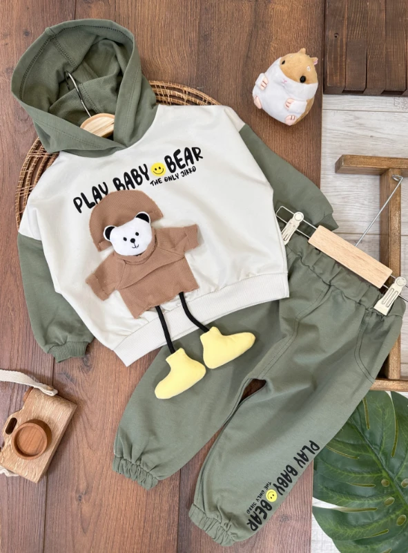 Play Baby Ayıcık Oyuncaklı Kapüşonlu Oversize Mevsimlik Erkek Bebek Takım
