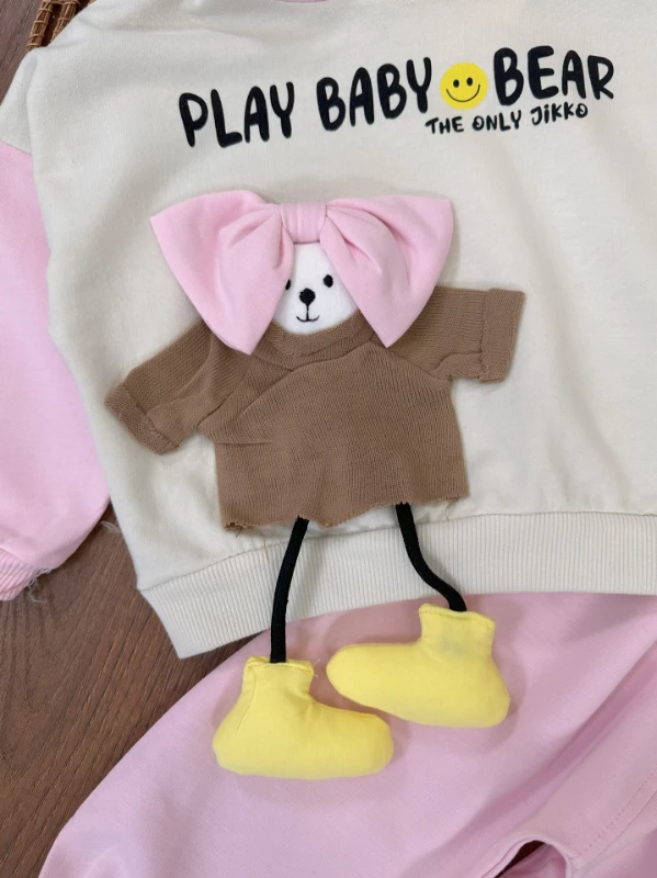 Play Baby Fiyonk Detaylı Oyuncaklı Kapüşonlu Oversize Mevsimlik Kız Bebek Takım