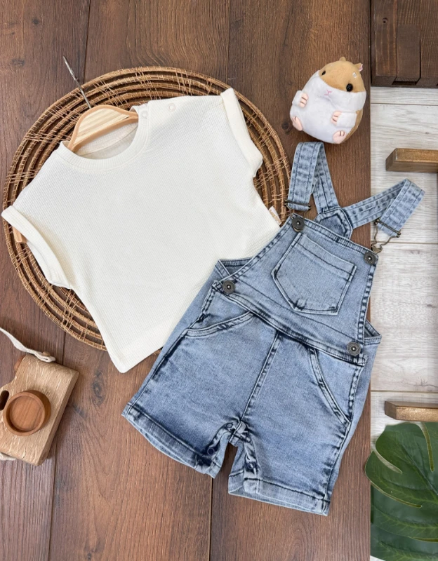 Kot Salopet Şapkalı Waffle T-shirt Kanguru Cep Yazlık Erkek Bebek Takım
