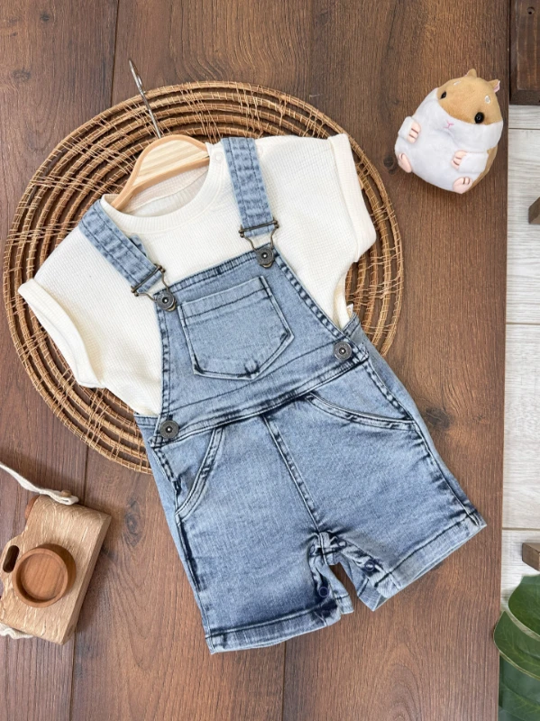 Kot Salopet Şapkalı Waffle T-shirt Kanguru Cep Yazlık Erkek Bebek Takım