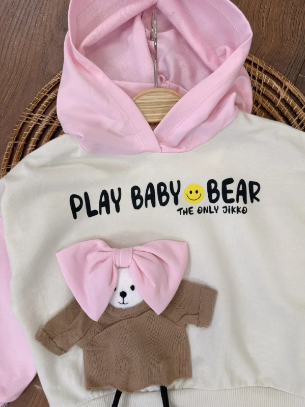 Play Baby Fiyonk Detaylı Oyuncaklı Kapüşonlu Oversize Mevsimlik Kız Bebek Takım