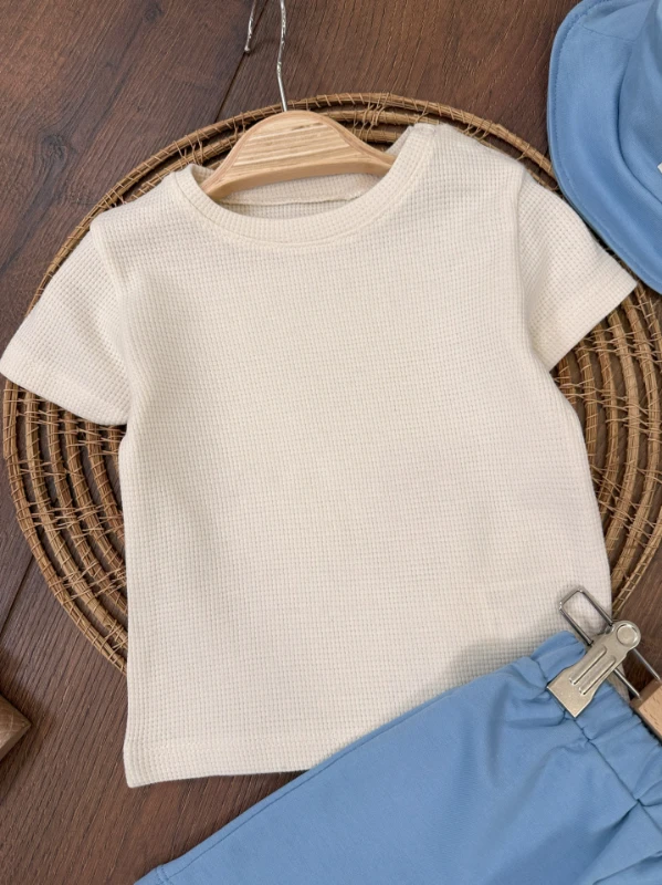 Oversize Geniş Kalıp Safari Şapkalı Cep Detaylı Omuzdan Çıtçıtlı Waffle Tshirt Yazlık Erkek Bebek Takım
