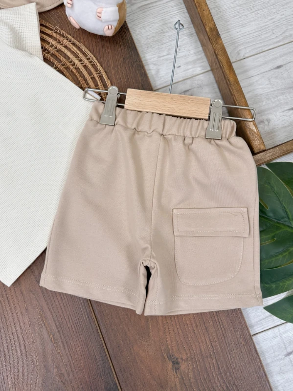 Oversize Geniş Kalıp Safari Şapkalı Cep Detaylı Omuzdan Çıtçıtlı Waffle Tshirt Yazlık Erkek Bebek Takım