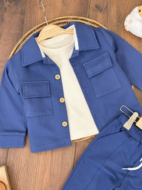 Önden Düğmeli İki Cep Detaylı Waffle Omuzdan Çıtçıtlı Sweatshirt 3lü Oversize Erkek Bebek Takım 