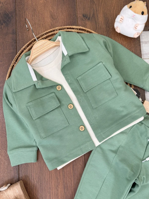 Önden Düğmeli İki Cep Detaylı Waffle Omuzdan Çıtçıtlı Sweatshirt 3lü Oversize Erkek Bebek Takım 