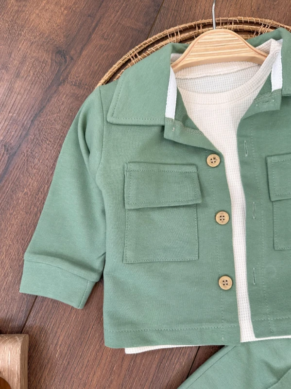 Önden Düğmeli İki Cep Detaylı Waffle Omuzdan Çıtçıtlı Sweatshirt 3lü Oversize Erkek Bebek Takım 