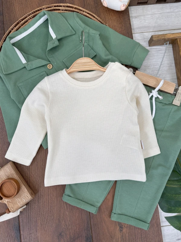 Önden Düğmeli İki Cep Detaylı Waffle Omuzdan Çıtçıtlı Sweatshirt 3lü Oversize Erkek Bebek Takım 