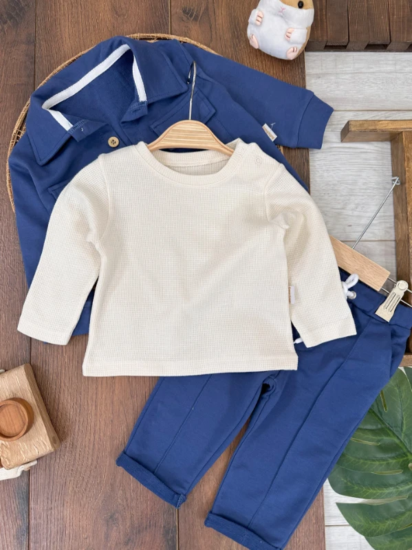 Önden Düğmeli İki Cep Detaylı Waffle Omuzdan Çıtçıtlı Sweatshirt 3lü Oversize Erkek Bebek Takım 
