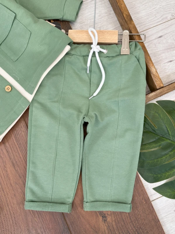 Önden Düğmeli İki Cep Detaylı Waffle Omuzdan Çıtçıtlı Sweatshirt 3lü Oversize Erkek Bebek Takım 