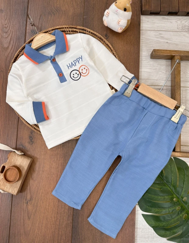 Polo Yaka Müslin Pantolon Happy Mevsimlik Erkek Bebek Takım