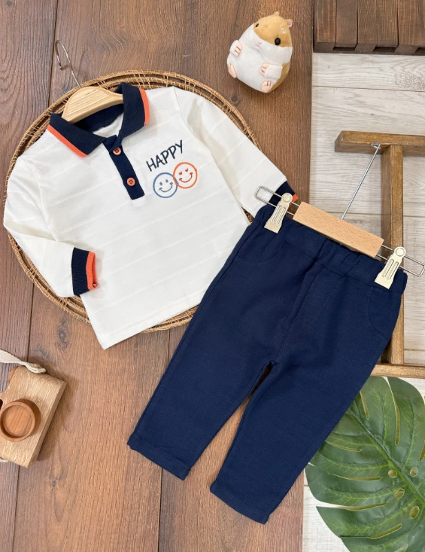 Polo Yaka Müslin Pantolon Happy Mevsimlik Erkek Bebek Takım