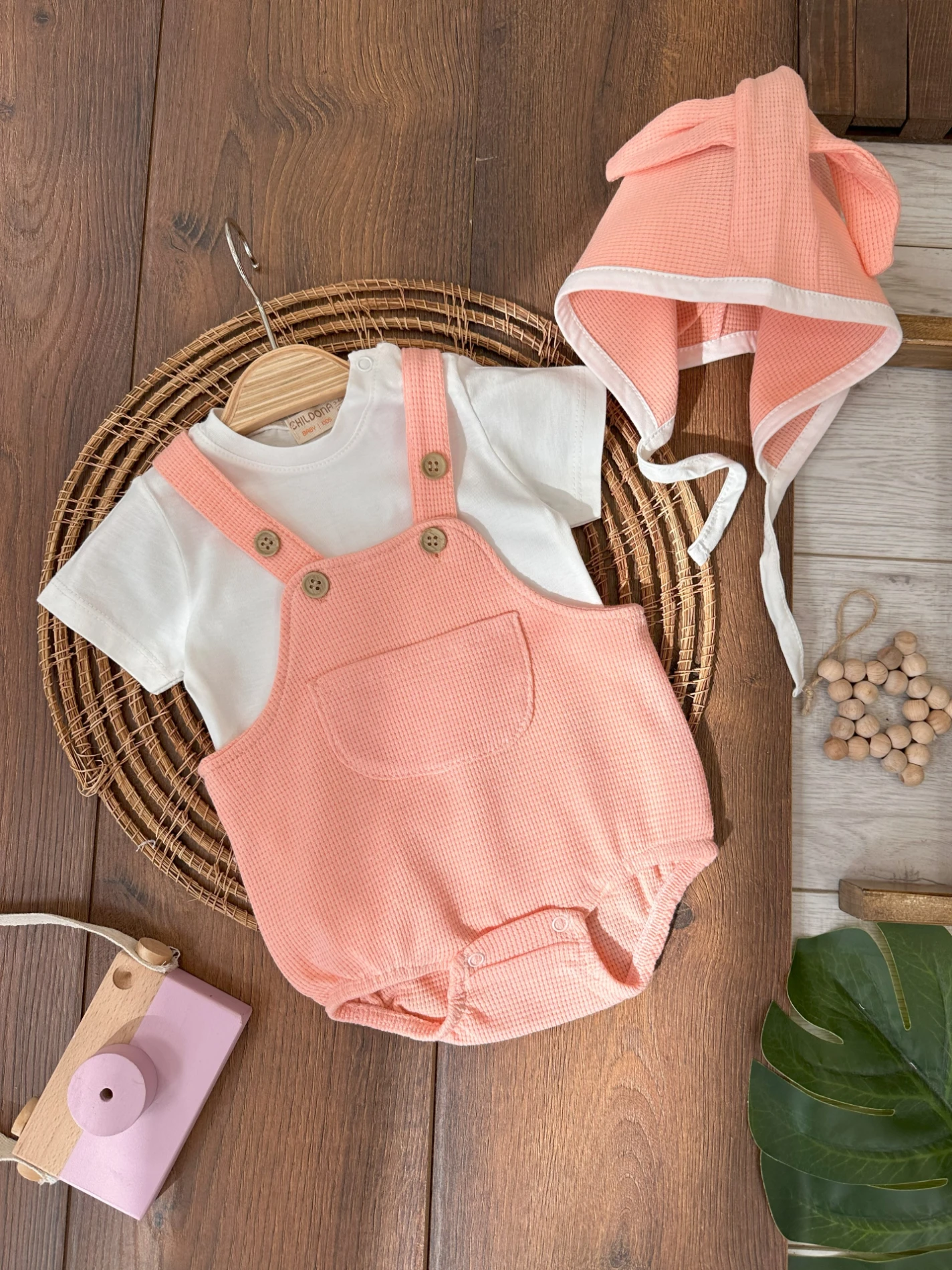 Waffle Tavşan Şapkalı Badili Alttan Çıtçıtlı Yazlık Kız Bebek Salopet Takım - SOMON