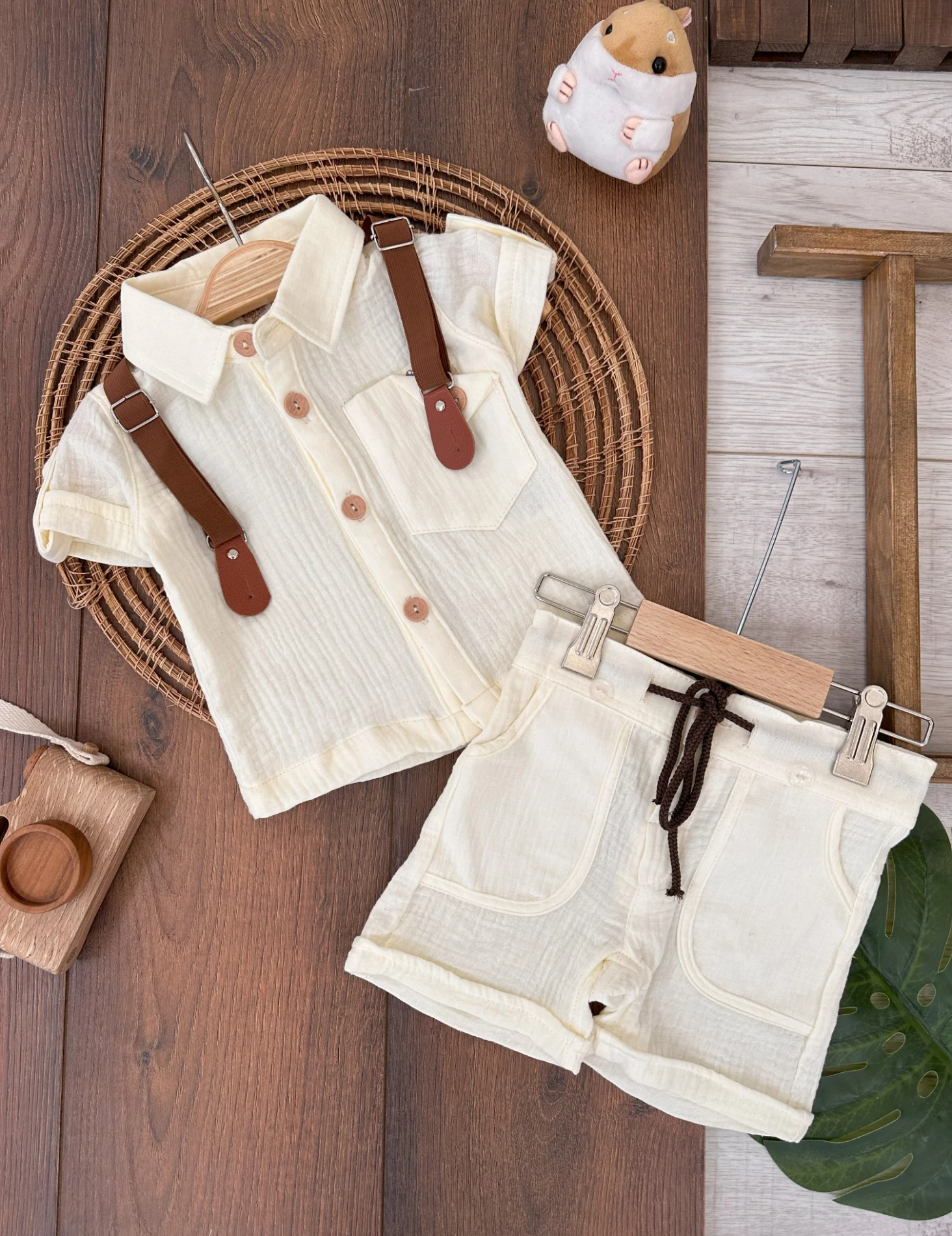 Müslin Askı Kemerli Safari Yazlık Erkek Bebek Takım - KREM