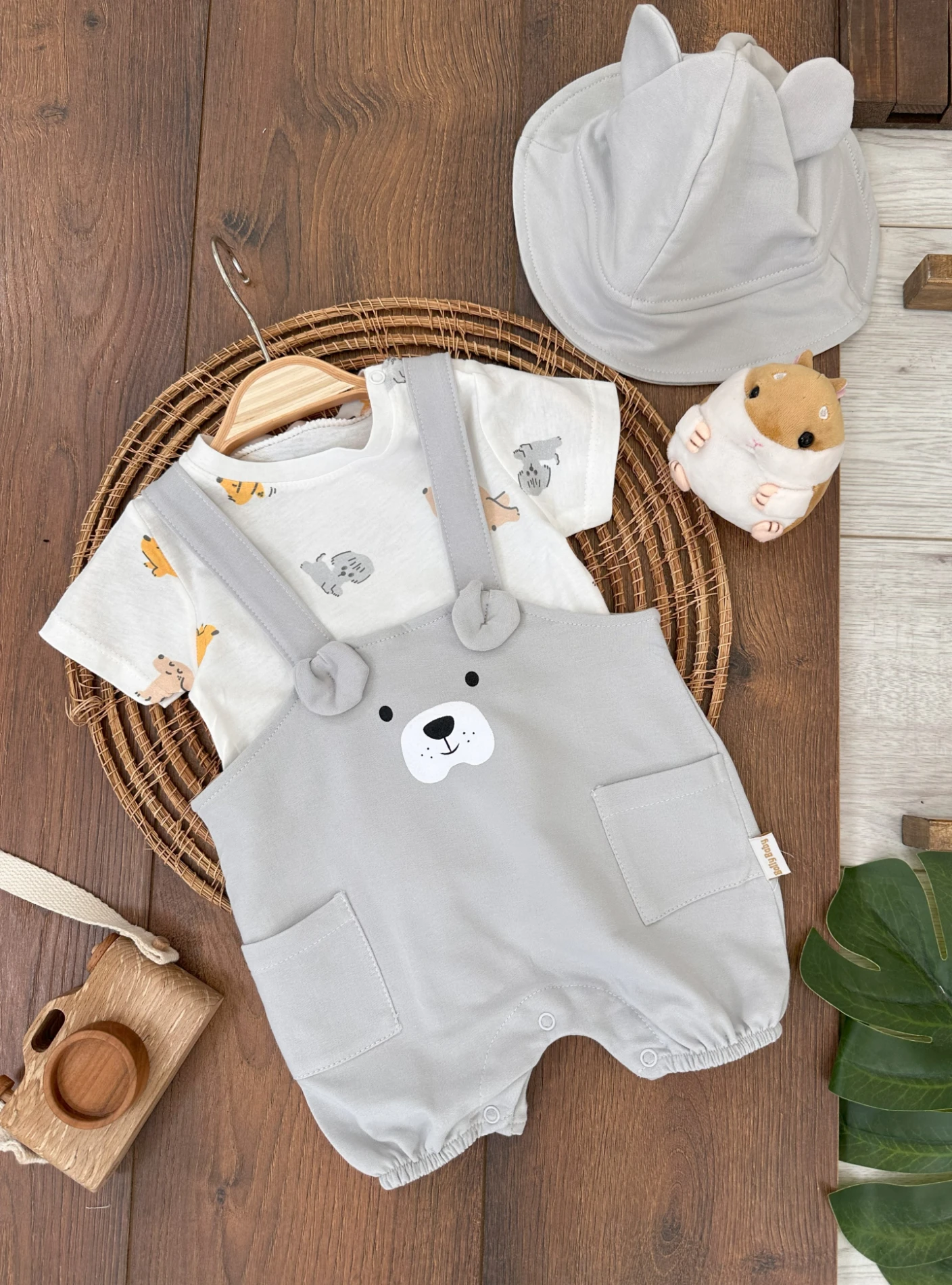 Şapkalı Kulak Detaylı Alttan Çıtçıtlı Badili Salopet 3lü Erkek Bebek Takım - GRİ