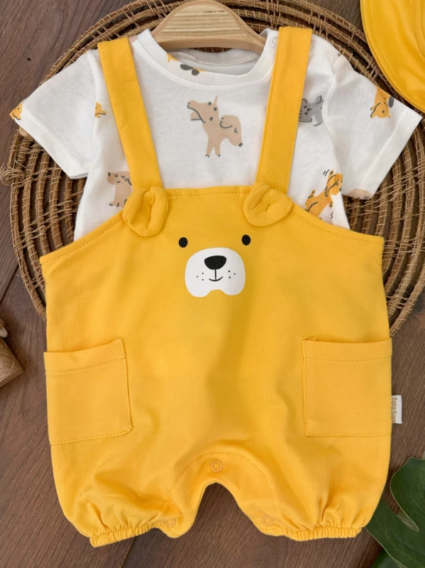 Şapkalı Kulak Detaylı Alttan Çıtçıtlı Badili Salopet 3lü Erkek Bebek Takım