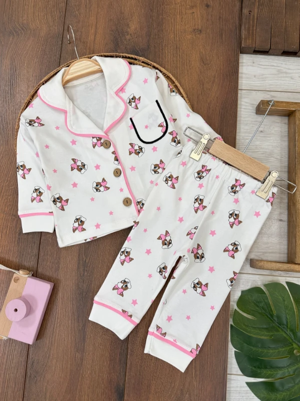 %100 Pamuk Kruvaze Yaka Önden Düğmeli 0versize Rahat Kalıp Mevsimlik Bebek Pijama Takımı