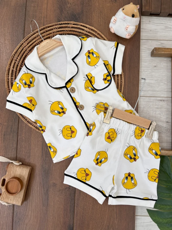 %100 Pamuk Kruvaze Yaka Önden Düğmeli Rahat Kalıp Yazlık Unisex Bebek Pijama Takımı
