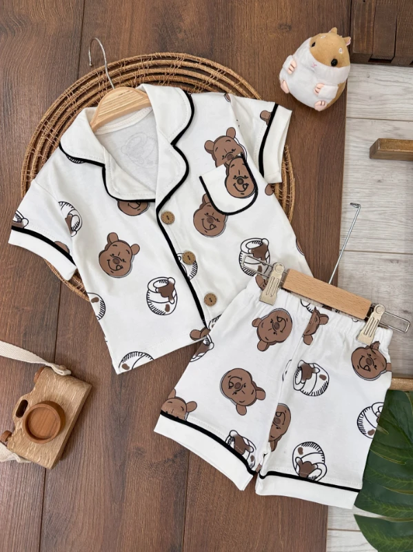 %100 Pamuk Kruvaze Yaka Önden Düğmeli Rahat Kalıp Yazlık Erkek Bebek Pijama Takımı