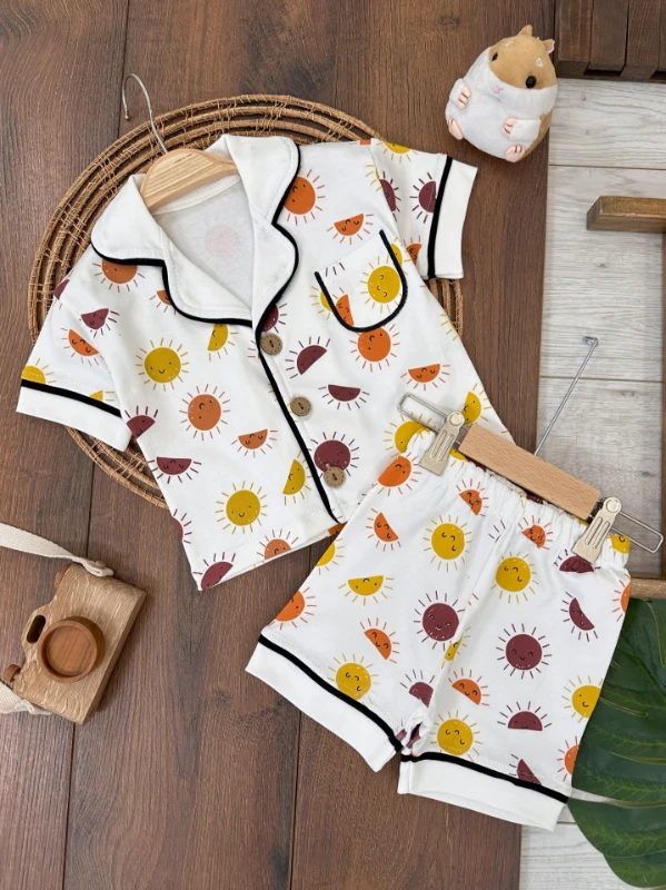 %100 Pamuk Kruvaze Yaka Önden Düğmeli Rahat Kalıp Yazlık Erkek Bebek Pijama Takımı