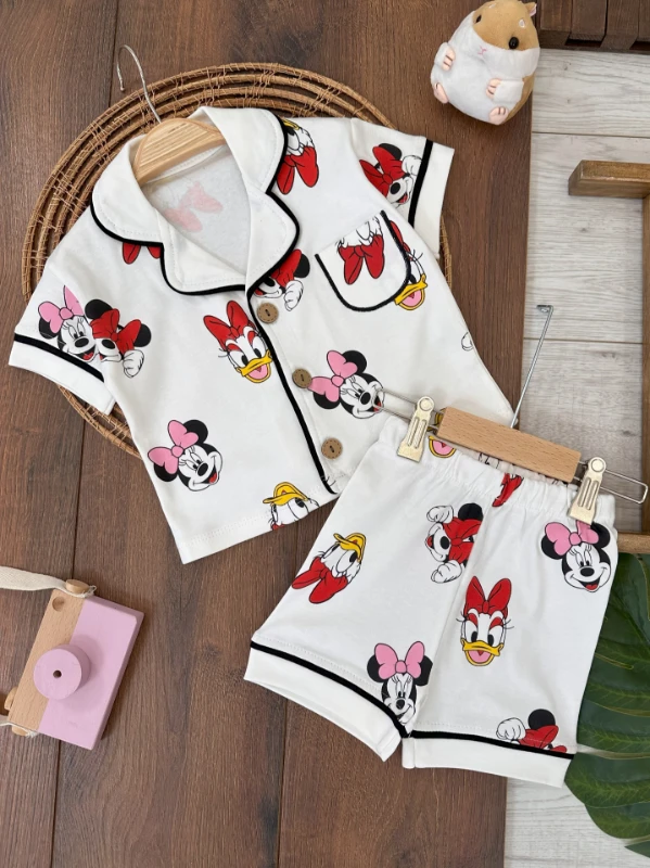 %100 Pamuk Kruvaze Yaka Önden Düğmeli Rahat Kalıp Yazlık Kız Bebek Pijama Takımı