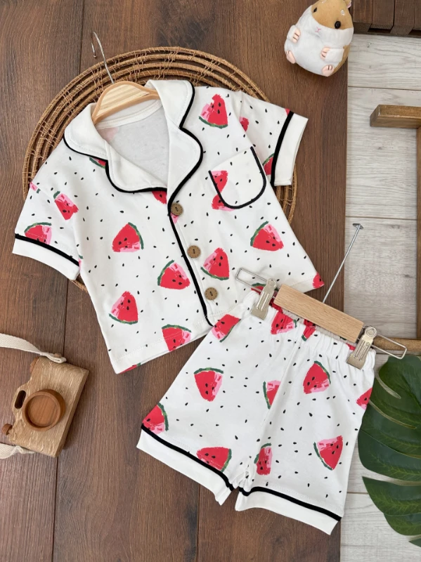 %100 Pamuk Kruvaze Yaka Önden Düğmeli Rahat Kalıp Yazlık Kız Bebek Pijama Takımı