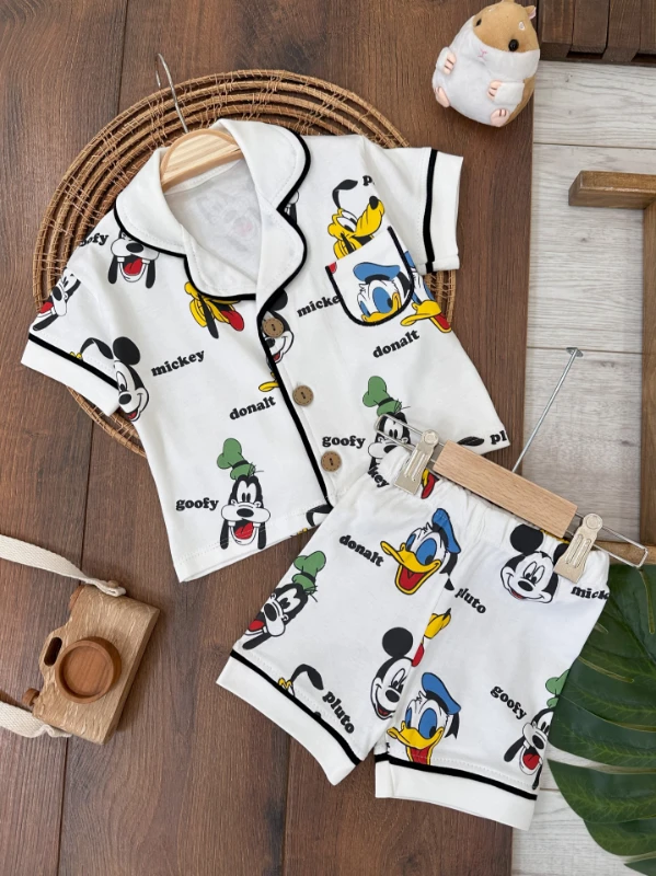 %100 Pamuk Kruvaze Yaka Önden Düğmeli Rahat Kalıp Yazlık Erkek Bebek Pijama Takımı