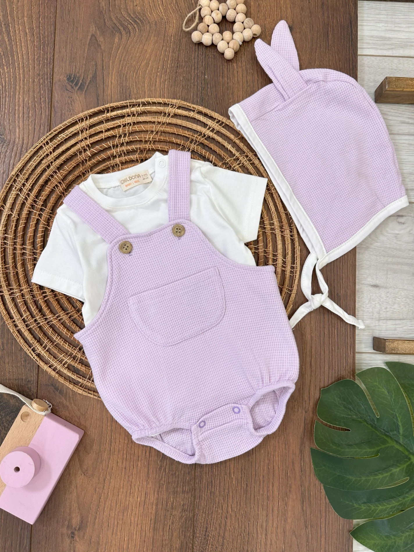 Waffle Tavşan Şapkalı Badili Alttan Çıtçıtlı Yazlık Kız Bebek Salopet Takım - LİLA