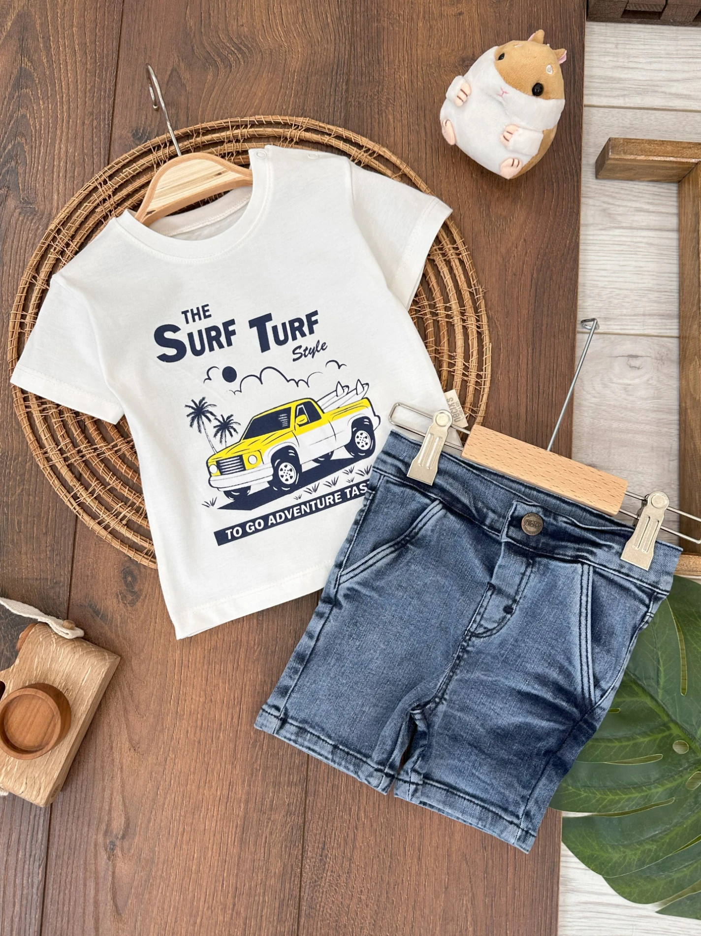 Adventure Likralı Kot Short Omuzdan Çıtçıtlı T-shirt Yazlık Erkek Bebek/Baby Takım - BEYAZ-SARI