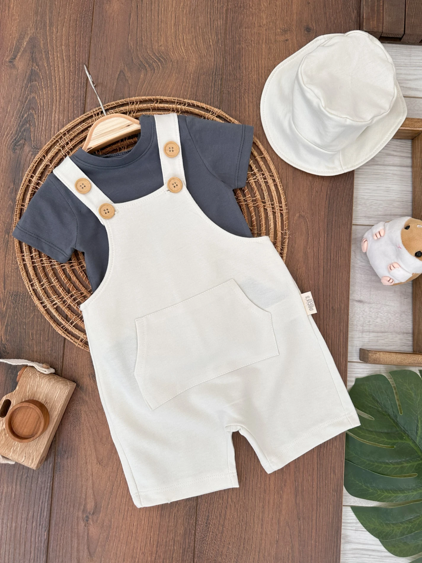 Salopet Safari Şapkalı Badili Rahat Beden Yazlık 3lü Erkek Bebek Takım/Tulum - EKRU